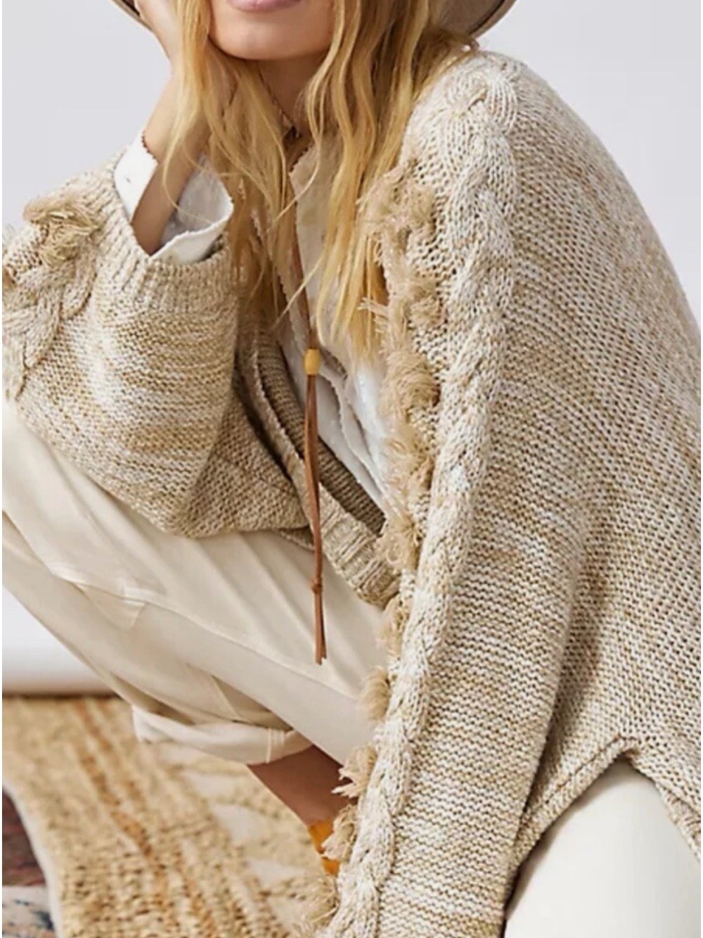 Anthropologie Boho Beige Braided Sleeve Oversized Cardigan Sweater OS